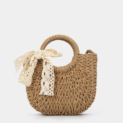 Woven Straw Top‑Handle Bag with Lace Bow