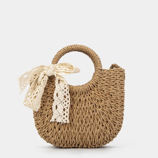 Woven Straw Top‑Handle Bag with Lace Bow