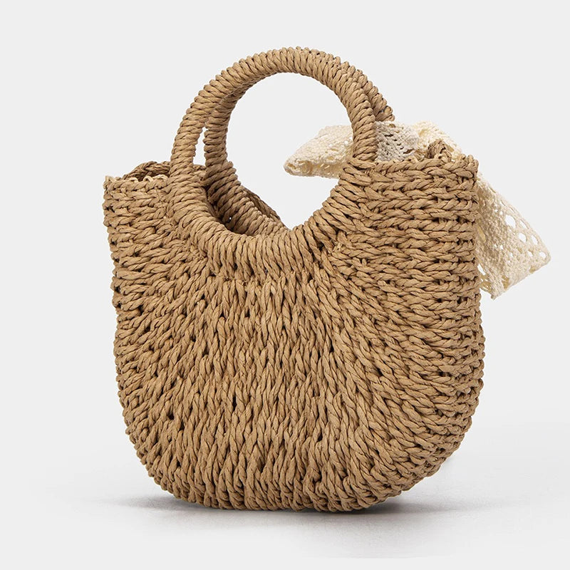 Woven Straw Top‑Handle Bag with Lace Bow