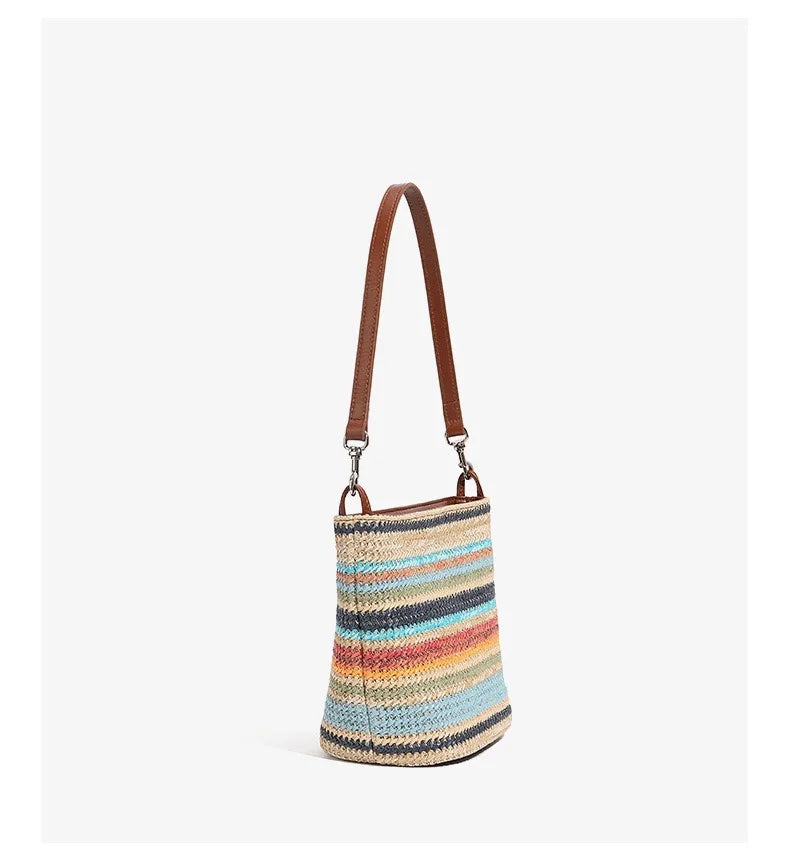 Striped Woven Bucket Shoulder Bag