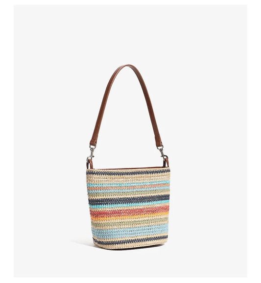 Striped Woven Bucket Shoulder Bag