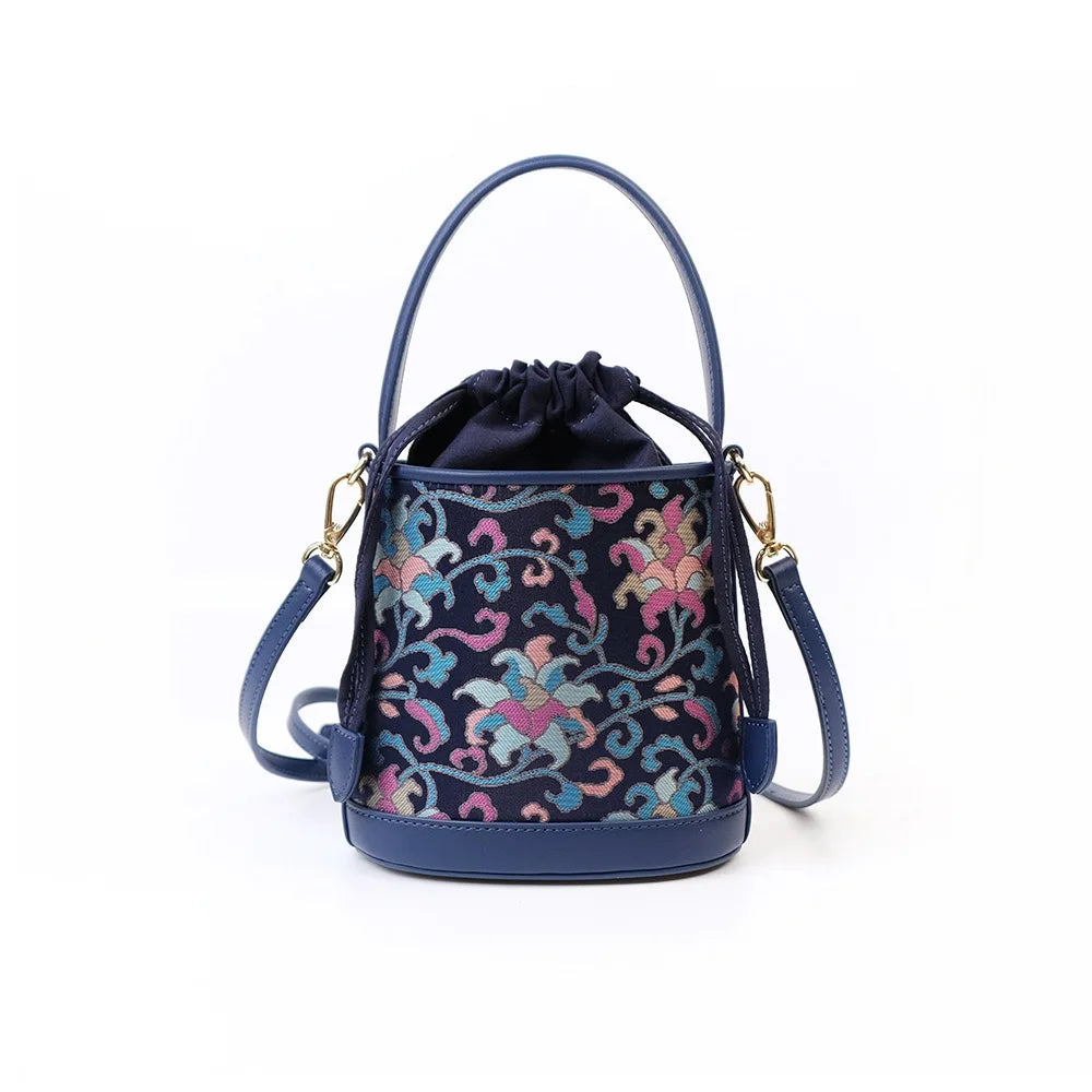 Embroidered Drawstring Mini Bucket Bag