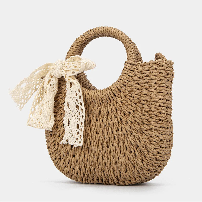 Woven Straw Top‑Handle Bag with Lace Bow