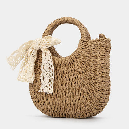 Woven Straw Top‑Handle Bag with Lace Bow