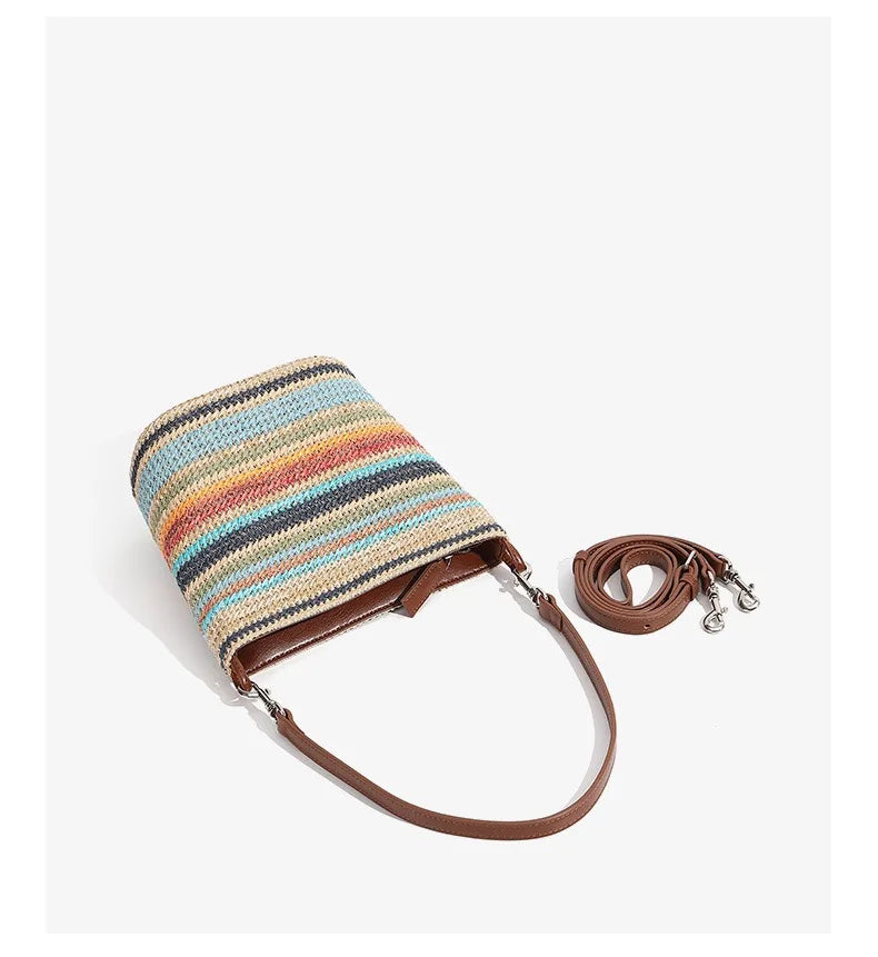 Striped Woven Bucket Shoulder Bag
