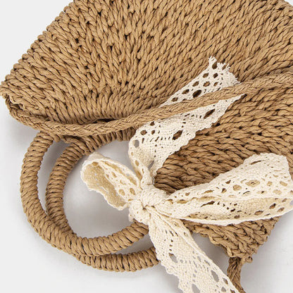 Woven Straw Top‑Handle Bag with Lace Bow
