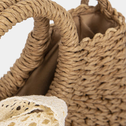Woven Straw Top‑Handle Bag with Lace Bow