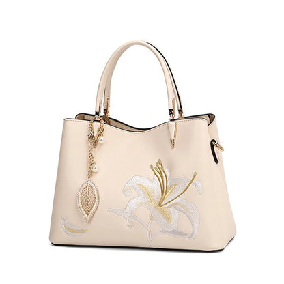 Embroidered Lily Top‑Handle Tote