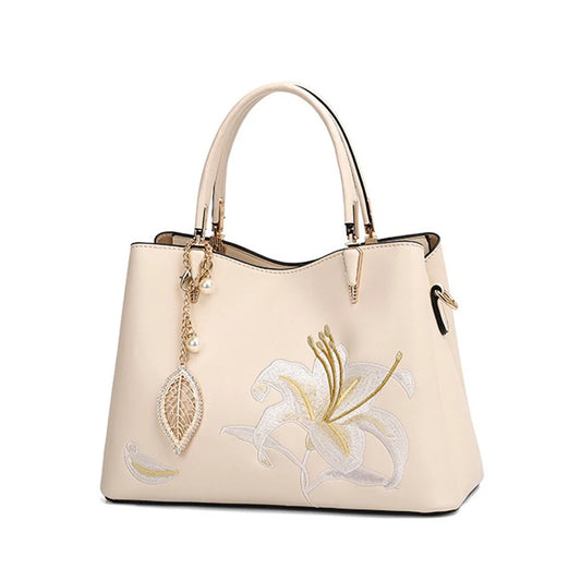 Embroidered Lily Top‑Handle Tote